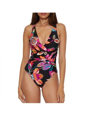 Trina Turk Black One-Piece Swimsuit with Bright Floral Print Size 12